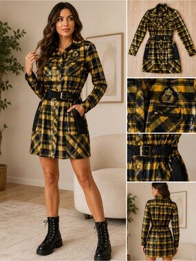 COOGI Luxury Plaid Belted Shirt Dress | Gold Hardware | Size Medium